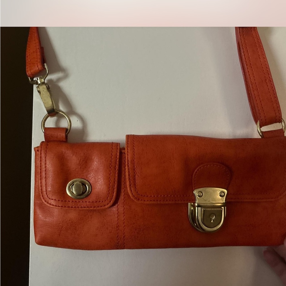 Orange Leather Crossbody with Structured Design and Gold-Tone Accents